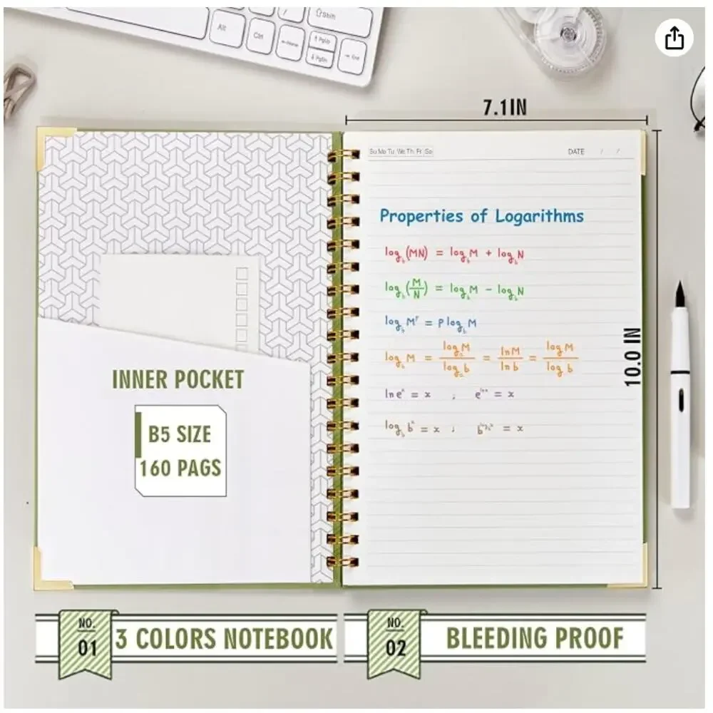 3 Pack Hardcover B5 College Ruled Spiral Notebook, 480 Pages- Grey Green Black